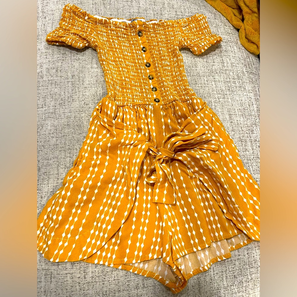 Off the Shoulder Smocked Romper Mustard Yellow Tie Dye Print